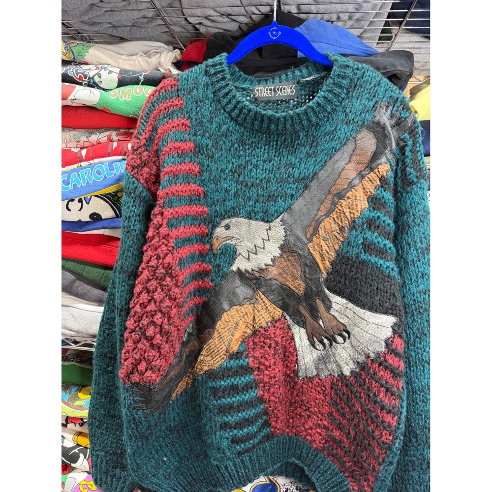 Street Scenes Vintage Eagle Leather Patch Knit Sweater Teal Burgundy Mens Medium